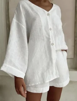 Women's Fashion Streetwear Daily Shirt Linen-Inspired Sets Two Piece Sets Baggy Shorts Long Sleeve V Neck Plain Casual Daily Black White Blue Summer Regular Fit