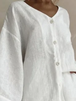 Women's Fashion Streetwear Daily Shirt Linen-Inspired Sets Two Piece Sets Baggy Shorts Long Sleeve V Neck Plain Casual Daily Black White Blue Summer Regular Fit