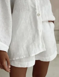 Women's Fashion Streetwear Daily Shirt Linen-Inspired Sets Two Piece Sets Baggy Shorts Long Sleeve V Neck Plain Casual Daily Black White Blue Summer Regular Fit