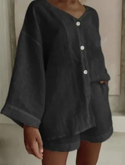 Women's Fashion Streetwear Daily Shirt Linen-Inspired Sets Two Piece Sets Baggy Shorts Long Sleeve V Neck Plain Casual Daily Black White Blue Summer Regular Fit
