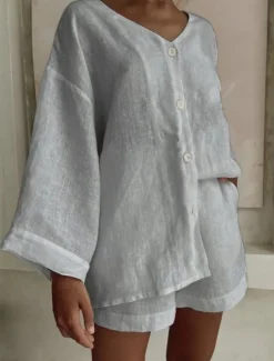 Women's Fashion Streetwear Daily Shirt Linen-Inspired Sets Two Piece Sets Baggy Shorts Long Sleeve V Neck Plain Casual Daily Black White Blue Summer Regular Fit