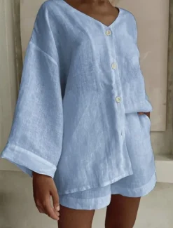 Women's Fashion Streetwear Daily Shirt Linen-Inspired Sets Two Piece Sets Baggy Shorts Long Sleeve V Neck Plain Casual Daily Black White Blue Summer Regular Fit