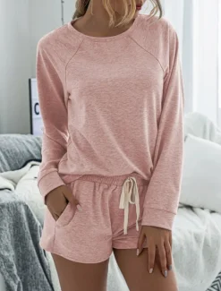 Women's Fashion Streetwear Daily Shorts Sets Long Sleeve Crew Neck Plain Drawstring Casual Daily Black Pink Royal Blue Summer Loose Fit