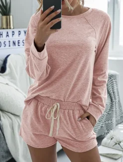 Women's Fashion Streetwear Daily Shorts Sets Long Sleeve Crew Neck Plain Drawstring Casual Daily Black Pink Royal Blue Summer Loose Fit