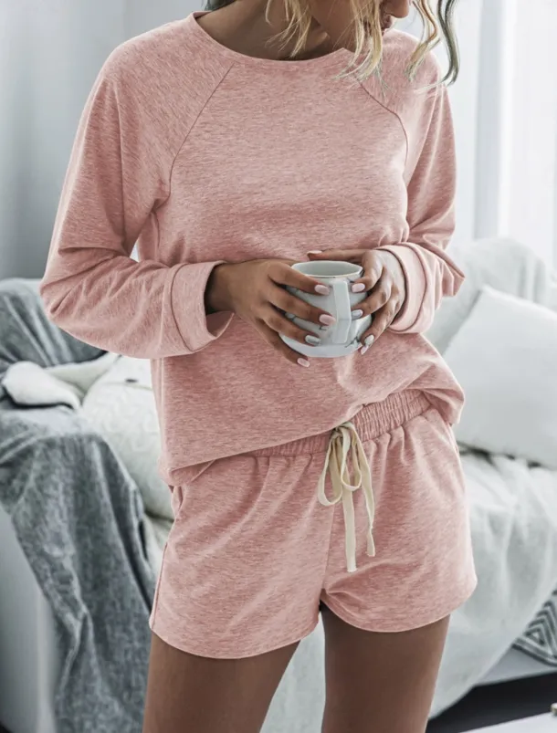 Women's Fashion Streetwear Daily Shorts Sets Long Sleeve Crew Neck Plain Drawstring Casual Daily Black Pink Royal Blue Summer Loose Fit