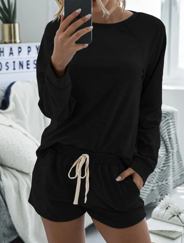 Women's Fashion Streetwear Daily Shorts Sets Long Sleeve Crew Neck Plain Drawstring Casual Daily Black Pink Royal Blue Summer Loose Fit