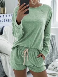 Women's Fashion Streetwear Daily Shorts Sets Long Sleeve Crew Neck Plain Drawstring Casual Daily Black Pink Royal Blue Summer Loose Fit