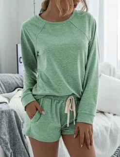 Women's Fashion Streetwear Daily Shorts Sets Long Sleeve Crew Neck Plain Drawstring Casual Daily Black Pink Royal Blue Summer Loose Fit