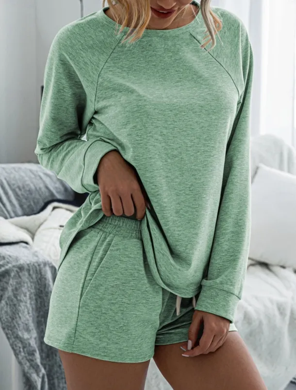 Women's Fashion Streetwear Daily Shorts Sets Long Sleeve Crew Neck Plain Drawstring Casual Daily Black Pink Royal Blue Summer Loose Fit