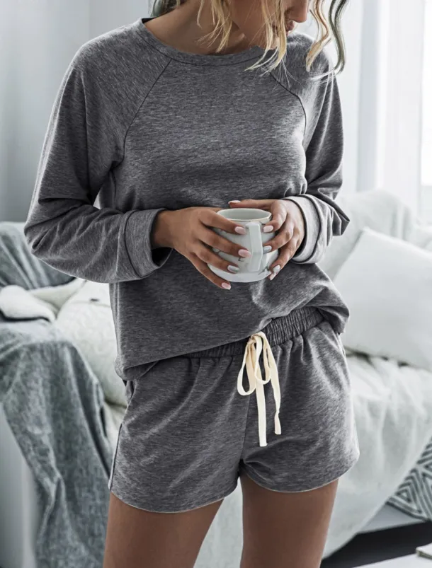 Women's Fashion Streetwear Daily Shorts Sets Long Sleeve Crew Neck Plain Drawstring Casual Daily Black Pink Royal Blue Summer Loose Fit