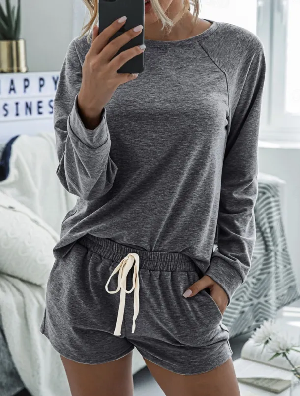 Women's Fashion Streetwear Daily Shorts Sets Long Sleeve Crew Neck Plain Drawstring Casual Daily Black Pink Royal Blue Summer Loose Fit