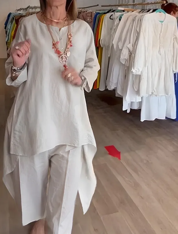 Women's Fashion Streetwear Daily Shirt Cotton Linen Sets Two Piece Sets Wide Leg Pants Long Sleeve V Neck Plain Casual Daily Black White Blue Summer Regular Fit