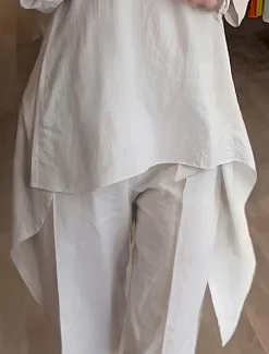 Women's Fashion Streetwear Daily Shirt Cotton Linen Sets Two Piece Sets Wide Leg Pants Long Sleeve V Neck Plain Casual Daily Black White Blue Summer Regular Fit