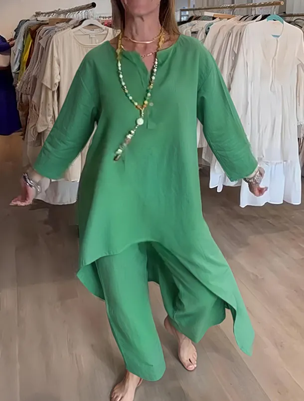 Women's Fashion Streetwear Daily Shirt Cotton Linen Sets Two Piece Sets Wide Leg Pants Long Sleeve V Neck Plain Casual Daily Black White Blue Summer Regular Fit