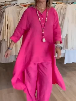 Women's Fashion Streetwear Daily Shirt Cotton Linen Sets Two Piece Sets Wide Leg Pants Long Sleeve V Neck Plain Casual Daily Black White Blue Summer Regular Fit