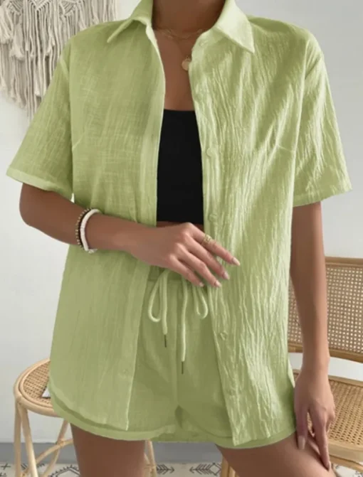Women's Fashion Streetwear Shirt Linen-Inspired Sets Two Piece Sets Below Knee Length Shorts Short Sleeve Shirt Collar Solid Color Drawstring Daily Wear Date White Green Khaki Summer Regular Fit