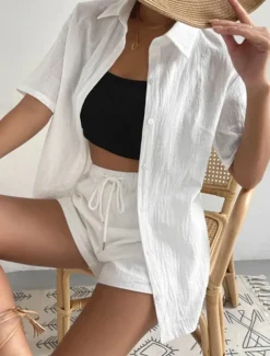 Women's Fashion Streetwear Shirt Linen-Inspired Sets Two Piece Sets Below Knee Length Shorts Short Sleeve Shirt Collar Solid Color Drawstring Daily Wear Date White Green Khaki Summer Regular Fit