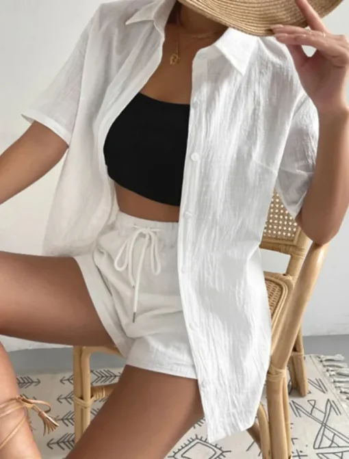 Women's Fashion Streetwear Shirt Linen-Inspired Sets Two Piece Sets Below Knee Length Shorts Short Sleeve Shirt Collar Solid Color Drawstring Daily Wear Date White Green Khaki Summer Regular Fit