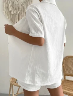 Women's Fashion Streetwear Shirt Linen-Inspired Sets Two Piece Sets Below Knee Length Shorts Short Sleeve Shirt Collar Solid Color Drawstring Daily Wear Date White Green Khaki Summer Regular Fit