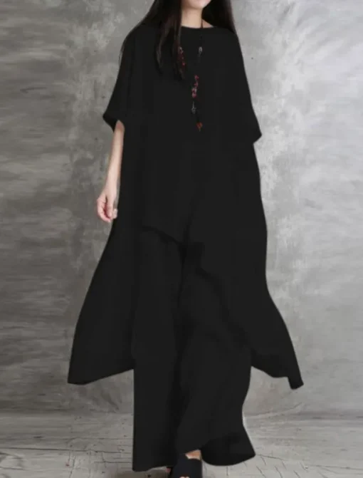 Women's Fashion Streetwear Daily Shirt Linen-Inspired Sets Two Piece Sets Wide Leg Pants 3/4 Length Sleeve Crew Neck Plain Casual Daily Black White Army Green Spring & Fall Regular Fit