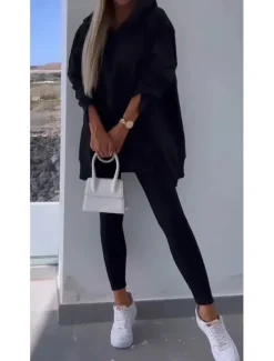 Women's Fashion Streetwear Daily Sweatshirt Chinos Long Sleeve Hooded Plain Patchwork Split Thigh Casual Daily Black White Pink Fall Regular Fit
