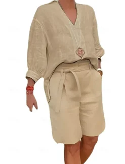 Women's Fashion Streetwear Shirt Cotton Linen Sets Two Piece Sets Beach Shorts Short Sleeve V Neck Solid Color Drawstring Daily Wear Date Blue Khaki Gray Summer Regular Fit