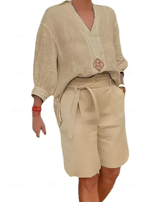 Women's Fashion Streetwear Shirt Cotton Linen Sets Two Piece Sets Beach Shorts Short Sleeve V Neck Solid Color Drawstring Daily Wear Date Blue Khaki Gray Summer Regular Fit
