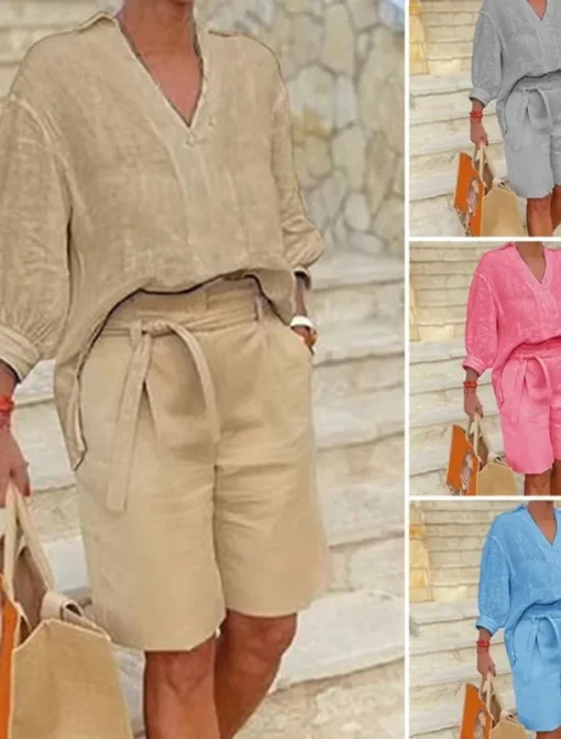 Women's Fashion Streetwear Shirt Cotton Linen Sets Two Piece Sets Beach Shorts Short Sleeve V Neck Solid Color Drawstring Daily Wear Date Blue Khaki Gray Summer Regular Fit