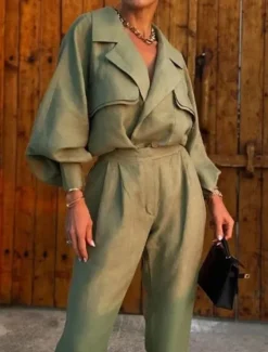 Women's Fashion Streetwear Daily Shirt Wide Leg Pants Long Sleeve Shirt Collar Plain Formal Office Green Fall Regular Fit