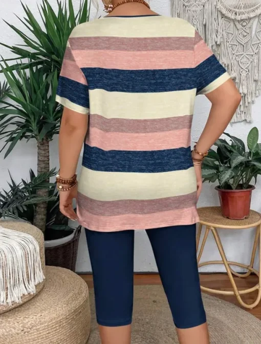 Women's Fashion T Shirt Shorts Sets Short Sleeve V Neck Graphic Striped Print Casual Daily Pink Purple Green Summer Regular Fit