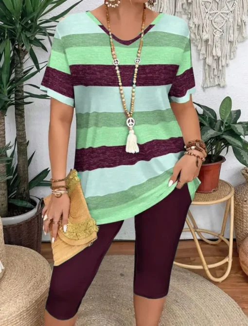 Women's Fashion T Shirt Shorts Sets Short Sleeve V Neck Graphic Striped Print Casual Daily Pink Purple Green Summer Regular Fit
