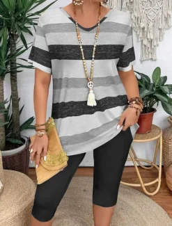 Women's Fashion T Shirt Shorts Sets Short Sleeve V Neck Graphic Striped Print Casual Daily Pink Purple Green Summer Regular Fit