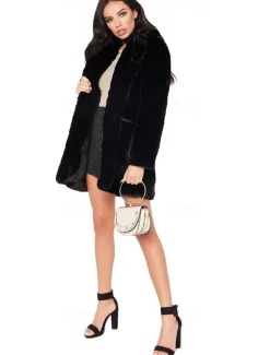 Women's Faux Fur Coat Warm Comfortable Pocket Knitting Elegant Fashion Daily Sweet Solid Color Home Casual Daily Wear Casual Daily Single Breasted Regular Lapel Slim Long Sleeve Outerwear Black White