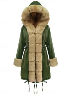Women's Faux Fur Coat Warm Breathable Pocket Fur Collar Faux Fur Trim Fleece Lined Casual Plain Vacation Street Daily Wear Going out Open Front Long Hoodie Regular Fit Long Sleeve Outerwear Black