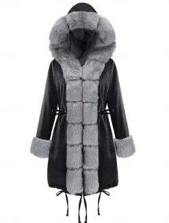 Women's Faux Fur Coat Warm Breathable Pocket Fur Collar Faux Fur Trim Fleece Lined Casual Plain Vacation Street Daily Wear Going out Open Front Long Hoodie Regular Fit Long Sleeve Outerwear Black