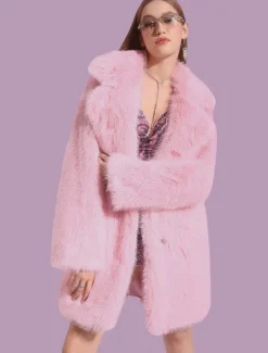 Women's Faux Fur Coat Warm Comfortable Pocket Knitting Elegant Fashion Minimalism Sweet Solid Color Casual Daily Daily Wear Casual Daily Single Breasted Long Lapel Slim Long Sleeve Outerwear Pink