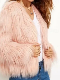 Women's Faux Fur Coat Warm Breathable Patchwork Elegant Cute Solid Color Party Street Pullover Crewneck Regular Fit Long Sleeve Outerwear Pink Red Khaki Fall Winter