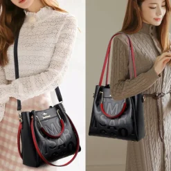 Women's Faux Leather Handbag with Embossed Letters and Red Handle - Ideal for Casual and Formal Events