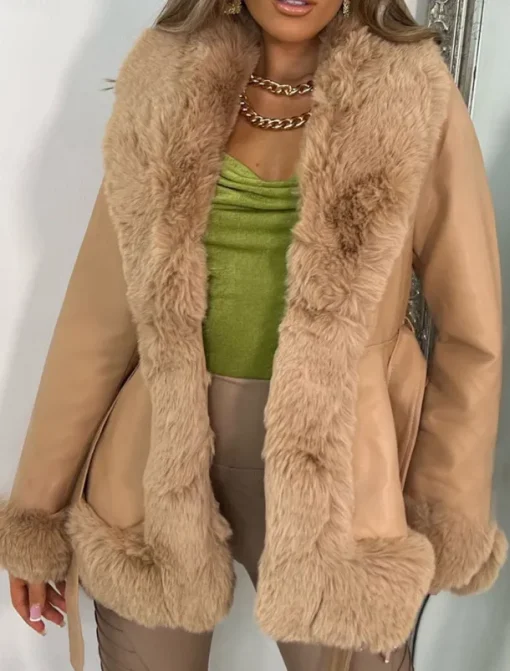 Women's Faux Leather Jacket Warm Breathable Fur Collar Casual Plain Vacation Street Daily Wear Going out Open Front Regular V Neck Regular Fit Long Sleeve Outerwear Black Brown Beige Fall Winter