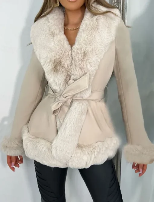 Women's Faux Leather Jacket Warm Breathable Fur Collar Casual Plain Vacation Street Daily Wear Going out Open Front Regular V Neck Regular Fit Long Sleeve Outerwear Black Brown Beige Fall Winter