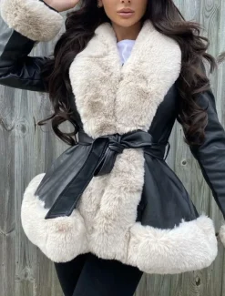 Women's Faux Leather Jacket Warm Breathable Fur Collar Casual Plain Vacation Street Daily Wear Going out Open Front Regular V Neck Regular Fit Long Sleeve Outerwear Black Brown Beige Fall Winter