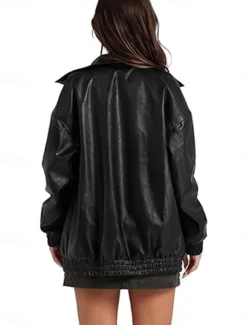 Women's Faux Leather Jacket Casual Jacket Outdoor Street Daily Wear Fall Winter Regular Coat Regular Fit Thermal Warm Breathable Stylish Casual Jacket Long Sleeve Plain with Pockets Full Zip Black