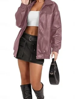 Women's Faux Leather Jacket Casual Jacket Outdoor Street Daily Wear Fall Winter Regular Coat Regular Fit Thermal Warm Breathable Stylish Casual Jacket Long Sleeve Plain with Pockets Full Zip Black