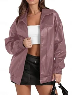 Women's Faux Leather Jacket Casual Jacket Outdoor Street Daily Wear Fall Winter Regular Coat Regular Fit Thermal Warm Breathable Stylish Casual Jacket Long Sleeve Plain with Pockets Full Zip Black