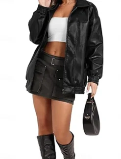 Women's Faux Leather Jacket Casual Jacket Outdoor Street Daily Wear Fall Winter Regular Coat Regular Fit Thermal Warm Breathable Stylish Casual Jacket Long Sleeve Plain with Pockets Full Zip Black