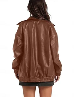 Women's Faux Leather Jacket Casual Jacket Outdoor Street Daily Wear Fall Winter Regular Coat Regular Fit Thermal Warm Breathable Stylish Casual Jacket Long Sleeve Plain with Pockets Full Zip Black