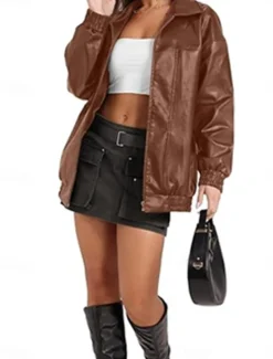 Women's Faux Leather Jacket Casual Jacket Outdoor Street Daily Wear Fall Winter Regular Coat Regular Fit Thermal Warm Breathable Stylish Casual Jacket Long Sleeve Plain with Pockets Full Zip Black