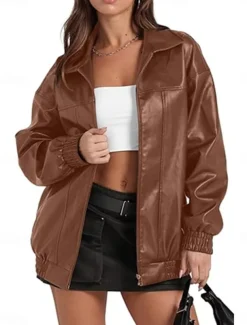 Women's Faux Leather Jacket Casual Jacket Outdoor Street Daily Wear Fall Winter Regular Coat Regular Fit Thermal Warm Breathable Stylish Casual Jacket Long Sleeve Plain with Pockets Full Zip Black