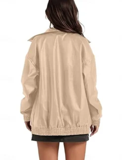 Women's Faux Leather Jacket Casual Jacket Outdoor Street Daily Wear Fall Winter Regular Coat Regular Fit Thermal Warm Breathable Stylish Casual Jacket Long Sleeve Plain with Pockets Full Zip Black