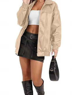 Women's Faux Leather Jacket Casual Jacket Outdoor Street Daily Wear Fall Winter Regular Coat Regular Fit Thermal Warm Breathable Stylish Casual Jacket Long Sleeve Plain with Pockets Full Zip Black